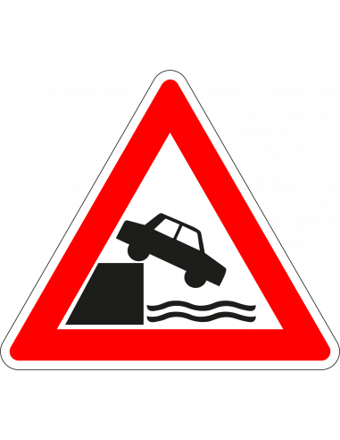 Pas op kade bord, kunststof, J26, rood wit, driehoek, bord met auto richting water