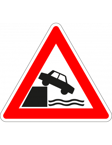 Pas op kade bord, kunststof, J26, rood wit, driehoek, bord met auto richting water