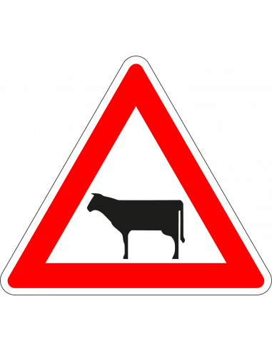 Pas op overstekend vee bord, kunststof, J28, rood wit zwart, driehoek, bord met koe