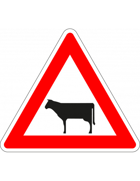 Pas op overstekend vee bord, kunststof, J28, rood wit zwart, driehoek, bord met koe