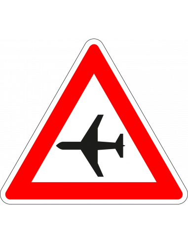 Laagvliegende vliegtuigen bord, kunststof, J30, rood wit, driehoek, bord met vliegtuig