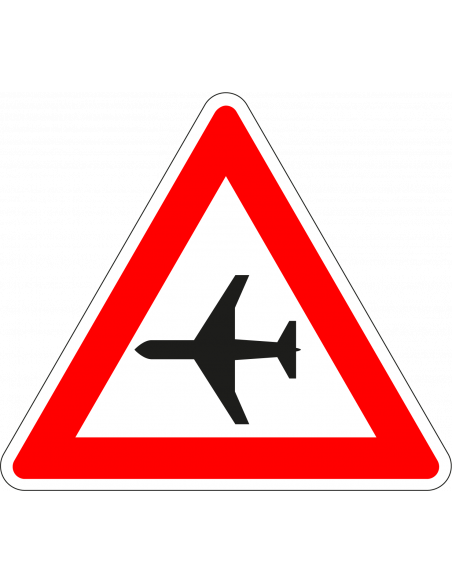 Laagvliegende vliegtuigen bord, kunststof, J30, rood wit, driehoek, bord met vliegtuig
