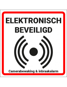 Alarm sticker elektronisch beveiligd, vierkant met alarm symbool, rood, wit, zwart, Nederlandse tekst