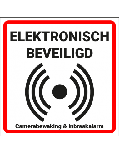Alarm sticker elektronisch beveiligd, vierkant met alarm symbool, rood, wit, zwart, Nederlandse tekst