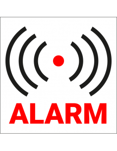 Alarm sticker, vierkant, rood wit zwart, Nederlandse tekst met alarm symbool
