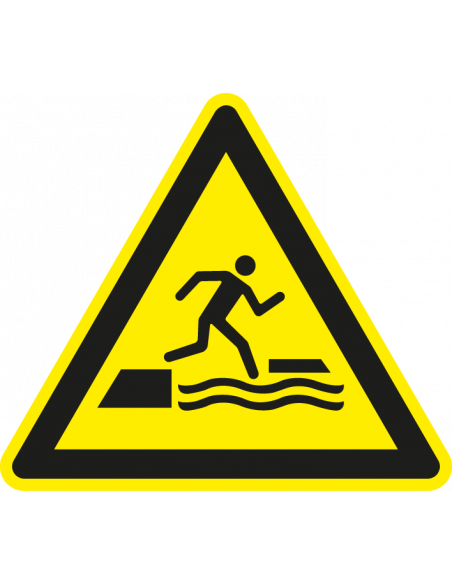 Gevaar om in het water te vallen bij op- afstappen bord, kunststof, W068, driehoek, geel zwart