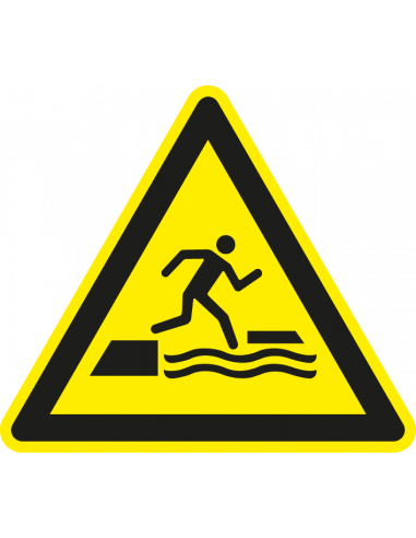 Gevaar om in het water te vallen bij op- afstappen sticker, ISO 7010, W068, driehoek, geel zwart
