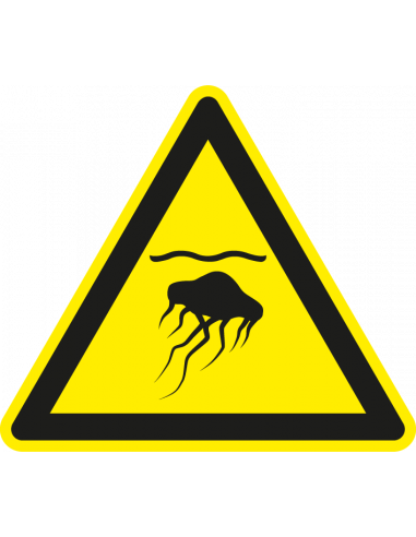 Waarschuwingssticker kwallen, ISO 7010, W069, kwal pictogram, driehoek, geel zwart