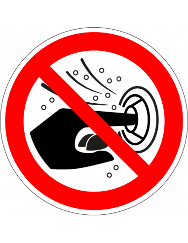 Verboden vinger in sproeiknop te steken sticker, kunststof, P070, rood wit, rond, hand pictogram