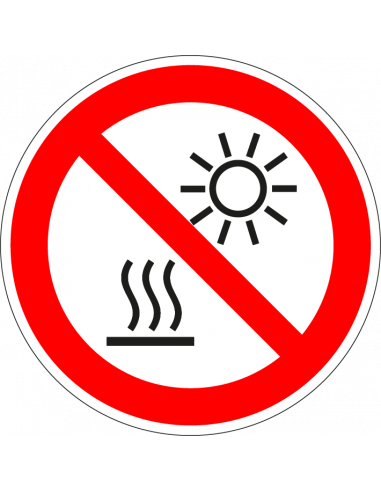 Niet blootstellen aan direct zonlicht bord, kunststof, P068. rood wit, rond, warm oppervlak en zon symbool