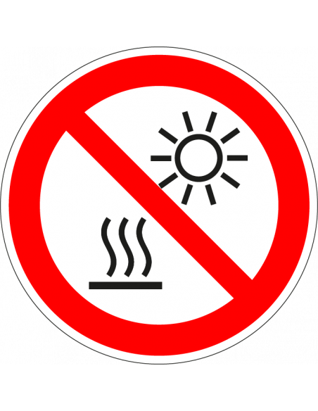 Niet blootstellen aan direct zonlicht bord, kunststof, P068. rood wit, rond, warm oppervlak en zon symbool