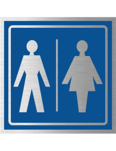 Gezamenlijk toilet bordje, geborsteld aluminium, blauw, vierkant, symbool man en vrouw