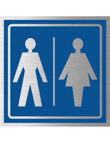 Gezamenlijk toilet bordje, geborsteld aluminium, blauw, vierkant, symbool man en vrouw