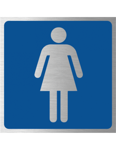 Dames toilet bordje, geborsteld aluminium, blauw, vierkant, symbool vrouw