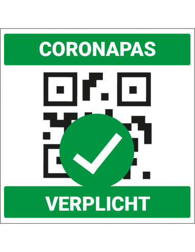 Coronapas verplicht bord, groen wit, vierkant, QR pictogram, Nederlandse tekst