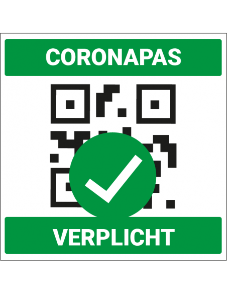Coronapas verplicht bord, groen wit, vierkant, QR pictogram, Nederlandse tekst