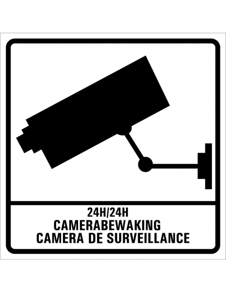 Camerabewaking bord, kunststof, NL & FRA, vierkant, wit zwart, pictogram camera met tekst Nederlands en Frans