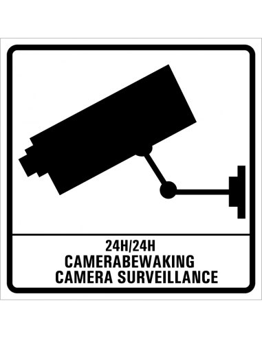 Camerabewaking sticker, NL & EN, vierkant, zwart wit, pictogram camera en Nederlandse en Engelse tekst