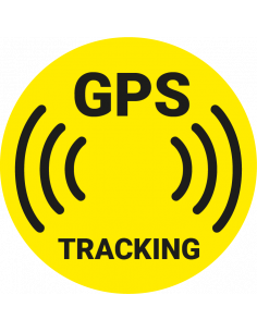 GPS tracking sticker, geel zwart, rond, met tekst
