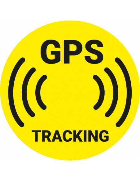 GPS tracking bord, geel zwart, rond, met tekst GPS