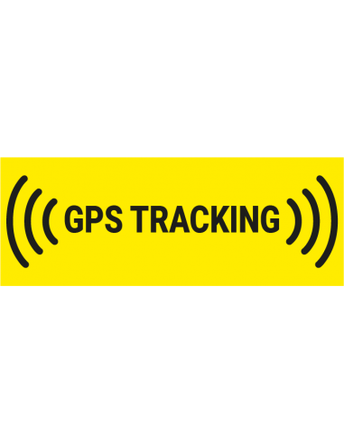 GPS tracking sticker met tekst, met Engelse tekst, geel zwart, rechthoek