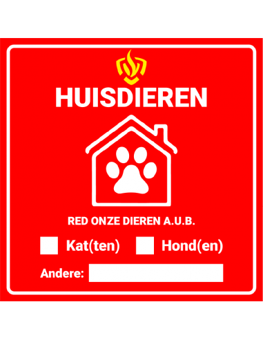 Huisdieren sticker brandweer, vierkant, brandweer symbool, Nederlandse tekst, rood wit