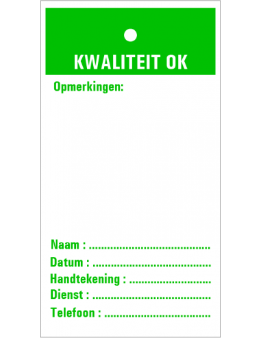 Inspectietag, Kwaliteit OK, groen, 80 x 150 mm