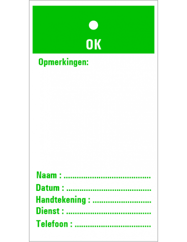 Inspectietag, OK, groen, 80 x 150 mm