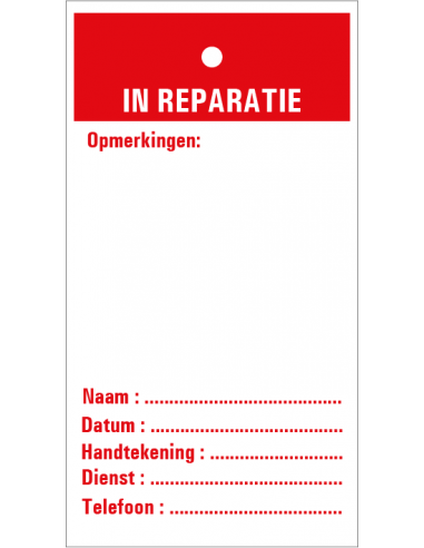In reparatie inspectietag, rood, 80 x 150 mm