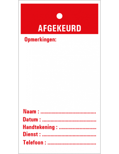 Afgekeurd inspectietag, rood, 80 x 150 mm