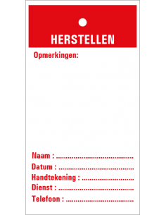 Herstellen Inspectietag, rood, 80 x 150 mm
