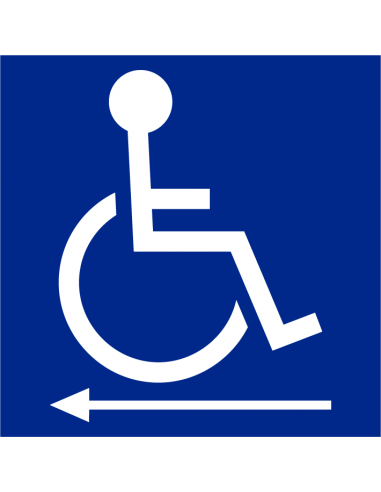 Rolstoel links spiegelbeeld bord, kunststof, blauw wit, vierkant, rolstoel pictogram met pijl links