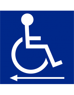 Rolstoel links spiegelbeeld sticker, blauw wit, vierkant, rolstoel pictogram met pijl links