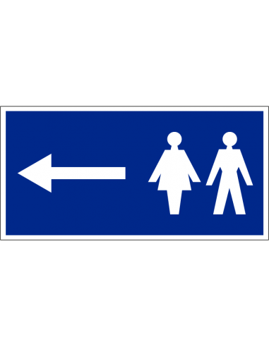 Toilet sticker met pijl naar links, blauw, om toiletten aan te geven