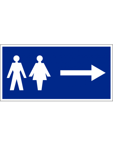 Toilet sticker met pijl naar rechts, wit blauw, om toiletten aan te geven