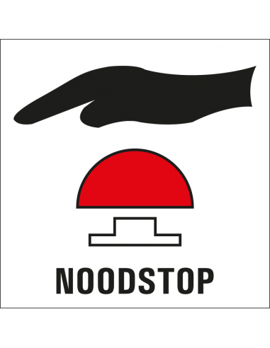 Druk op noodstop sticker, rood zwart wit, vierkant
