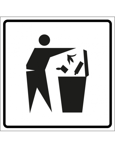 Afvalcontainer sticker, vierkant, zwart wit, persoon gooit afval in afvalcontainer