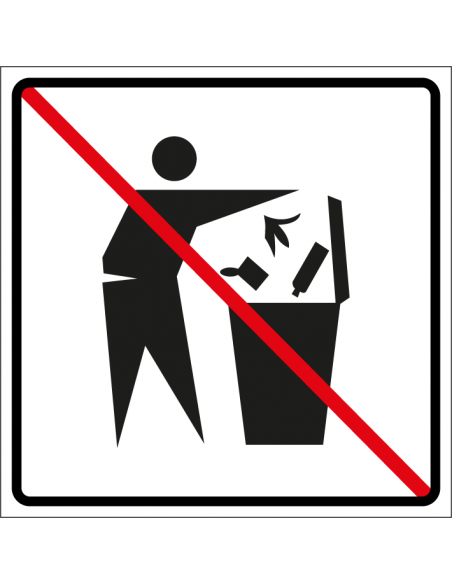 Geen afvalcontainer bord, kunststof, vierkant, zwart wit, persoon gooit afval weg met rode streep
