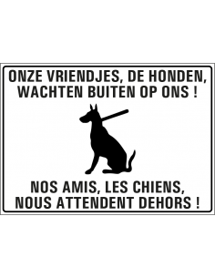De honden wachten buiten sticker, tweetalig, wit zwart