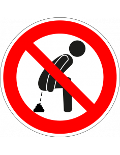 Verboden te poepen voor mensen sticker, rood wit, rond, poepende man