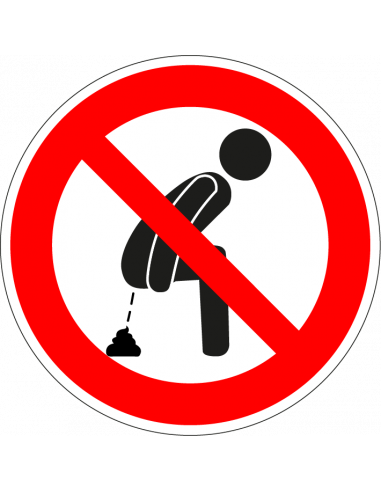 Verboden te poepen voor mensen sticker, rood wit, rond, poepende man