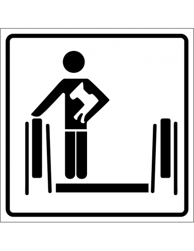 Hond dragen op roltrap sticker 100 x 100 mm