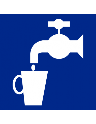 Drinkwater sticker, blauw wit, vierkant, pictogram kraan