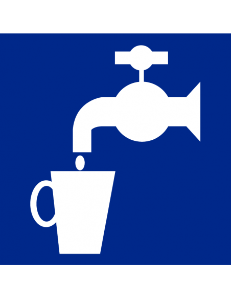 Drinkwater bord, kunststof, blauw wit, vierkant, pictogram kraan met water