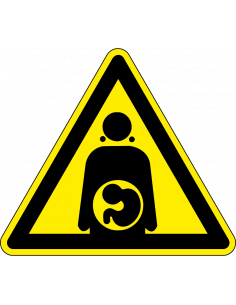 Gevaar bij zwangerschap sticker, geel zwart, driehoek, zwangere vrouw pictogram