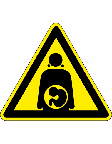 Gevaar bij zwangerschap sticker, geel zwart, driehoek, zwangere vrouw pictogram
