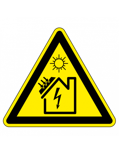 Waarschuwingsbord zonnepanelen, kunststof geel zwart, symbool zonnepaneel en elektriciteit, driehoek
