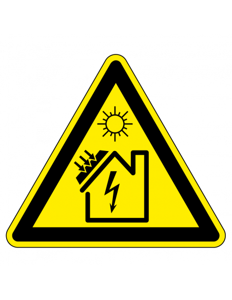 Waarschuwingsbord zonnepanelen, kunststof geel zwart, symbool zonnepaneel en elektriciteit, driehoek