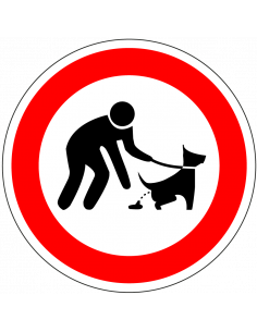 Hondenpoep opruimen sticker, rood wit, met persoon en hond pictogram, rond