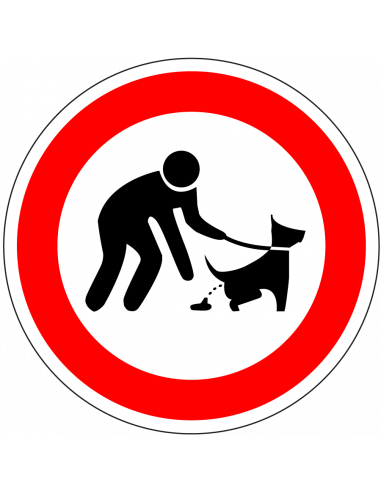 Hondenpoep opruimen sticker, rood wit, met persoon en hond pictogram, rond